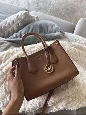 Michael Kors Chestnut Saffiano Leather Satchel with Gold MK Charm